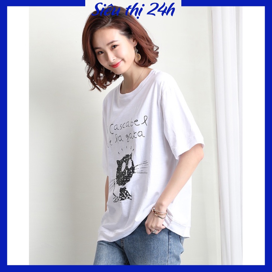 Áo thun form rộng tay lỡ, áo phông unisex Siêu thị 24 giờ in hình Mèo, chữ Cascabel dela gaka