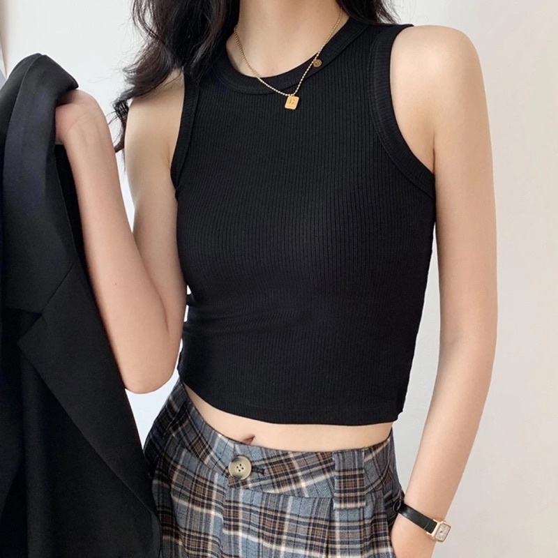 Áo Tank Top Croptop Ba Lỗ Sát Nách Cổ Tròn Màu Đen Trắng Da Chất Siêu Co Dãn Loại 1 Hàng Quảng Châu Năng Động