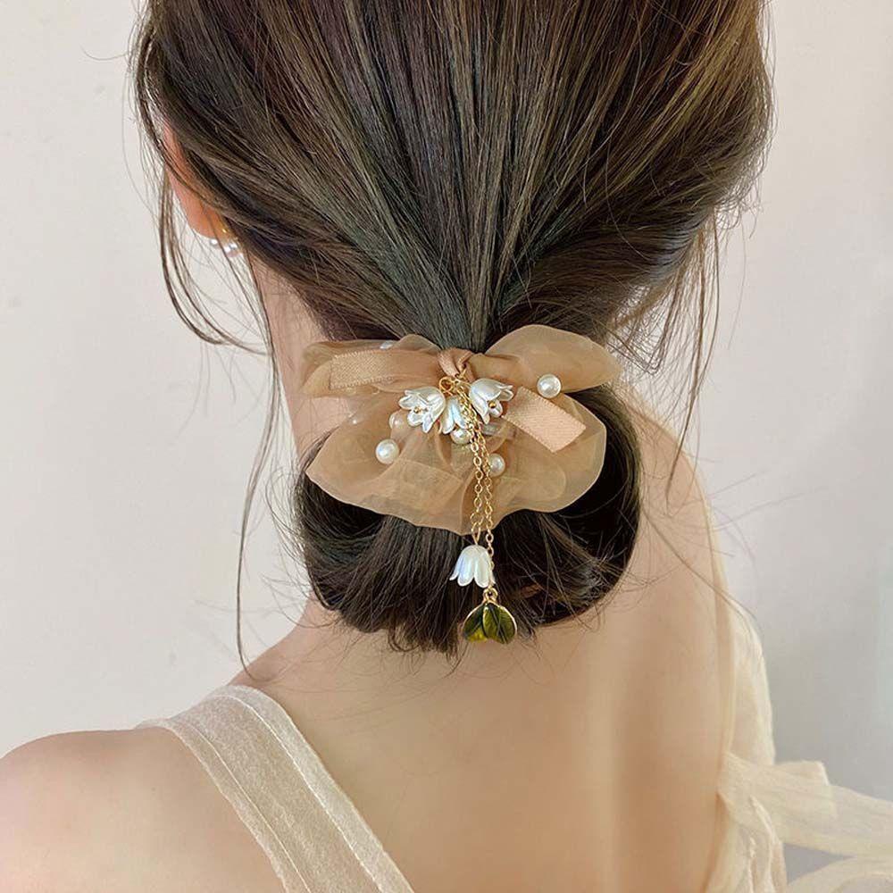 Dây Buộc Tóc Vải Lưới Đính Hoa Phối Tua Rua Dễ Thương Cho Bạn Gái