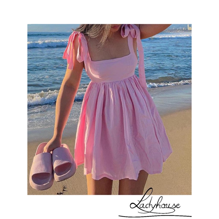 Đầm Ngắn Hai Dây Màu Trơn Thời Trang Mùa Hè Cho Nữ