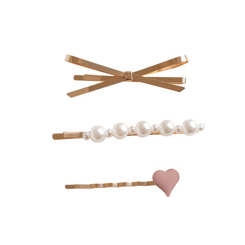 Kẹp Tóc Ba Món Đính Nơ Ngọc Trai Hình Trái Tim Phong Cách Hàn Quốc Cho Nữ