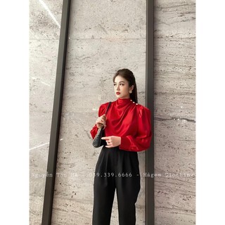 ANU110 - ÁO SƠ MI LỤA XẾP LY CHÉO VAI 3 CÚC NGỌC