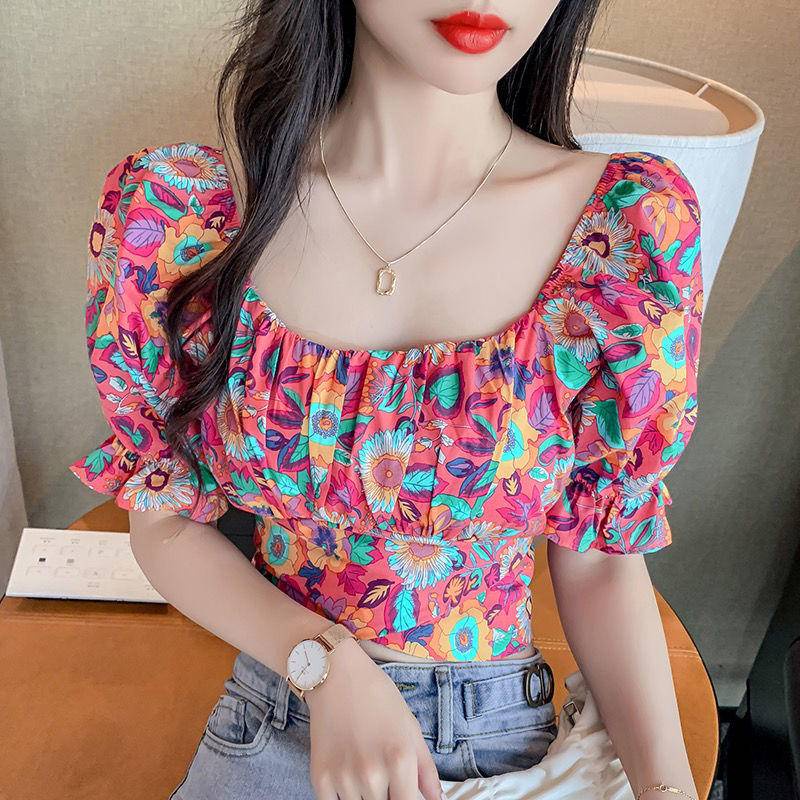 Áo Trễ Vai Họa Tiết Hoa Thắt Nơ Phong Cách Retro Quyến Rũ Cho Nữ