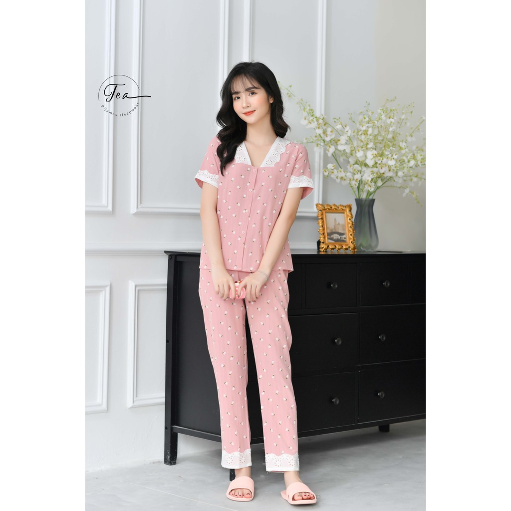 Bộ Mặc Nhà Pyjama Chất Đũi Tea Store Họa Tiết Hoa Nhí