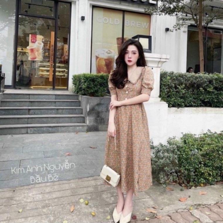 Váy bầu hoa nhí ,đầm bầu cổ sơ mi chất thô mềm mịn phong cách vintage