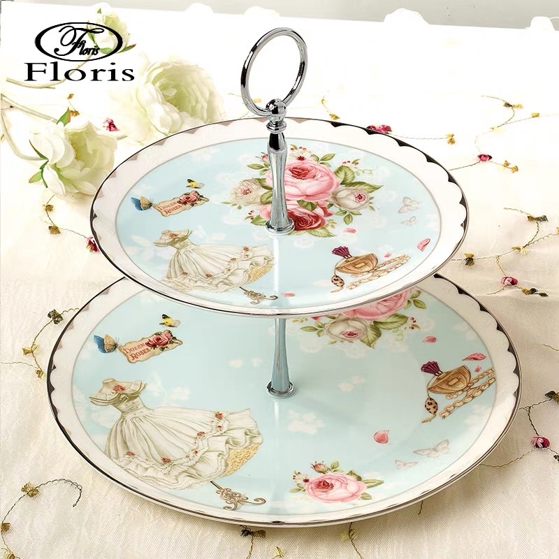 Khay gốm sứ 2 tầng đựng bánh mứt kẹo họa tiết xinh xắn
