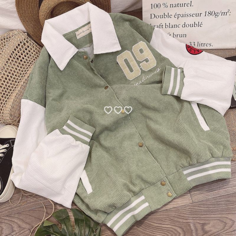 Áo bomber COLLAR phối họa tiết số 09 thiết kế cổ bẻ cúc bấm chất nhung tăm dày dặn phong cách đường phố