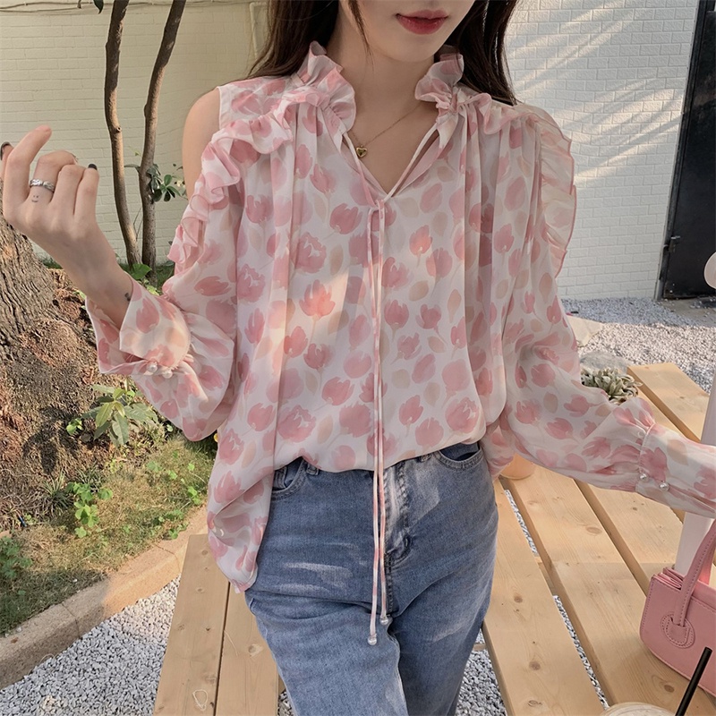Áo kiểu BH chiffon dài tay phối dây in hoa thời trang mùa hè dành cho nữ 2022
