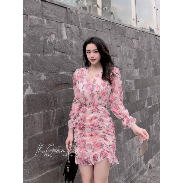 đầm hoa tơ dáng nhún đuôi cá (còn hồng)