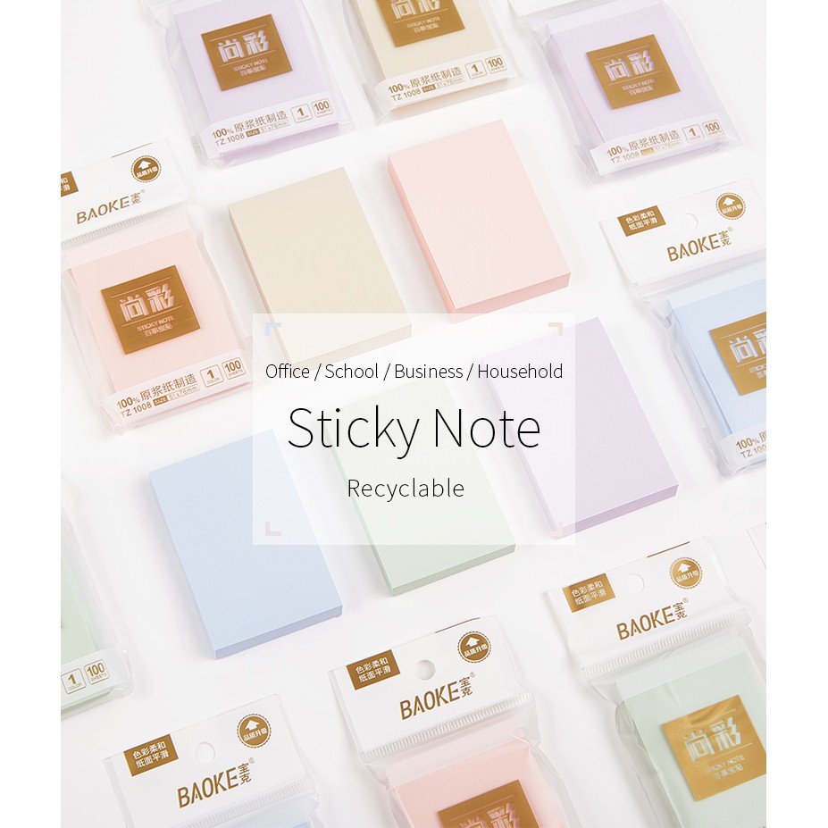 Giấy Note Ghi Chú Sticky Note 4 Màu Pastel BAOKE Nhiều Kich Thước - 100 Tờ