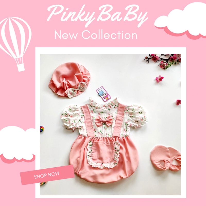 Bodysuit Túi Hồng Phối Nơ Cho Bé Gái 0-12 Tháng Kèm Mũ Và Tất Chân, Set Đầy Tháng Bé Gái, Đầm Thôi Nôi