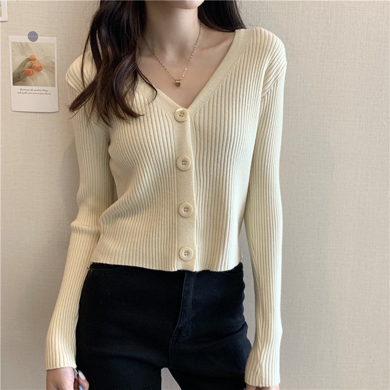 Áo Khoác Cardigan Len Mỏng Tay Dài Dáng Ôm Phong Cách Hàn Quốc 2021