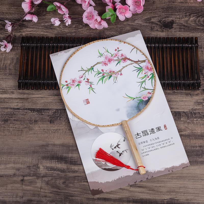 Quạt tròn hồng hoa bóng dâm dây tuyến quạt cầm tay phong cách Trung Quốc cổ trang cosplay in hoa trang trí đẹp
