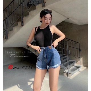 Quần short Nữ Rách Kiểu Phối Da Lưng Cao Hack Dáng
