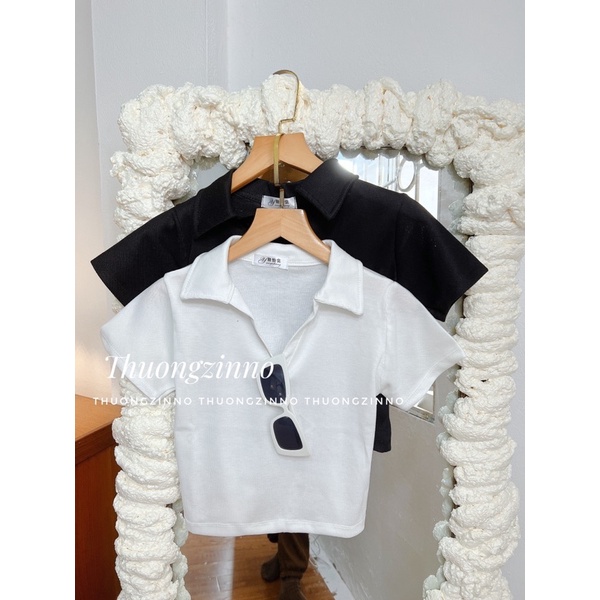Áo Croptop cổ đức Kiểu Nữ Ôm Body SANJOLI Polo có cổ sơ mi thun Tay Ngắn Form Rộng sexy Cá tính thể thao màu trắng đen