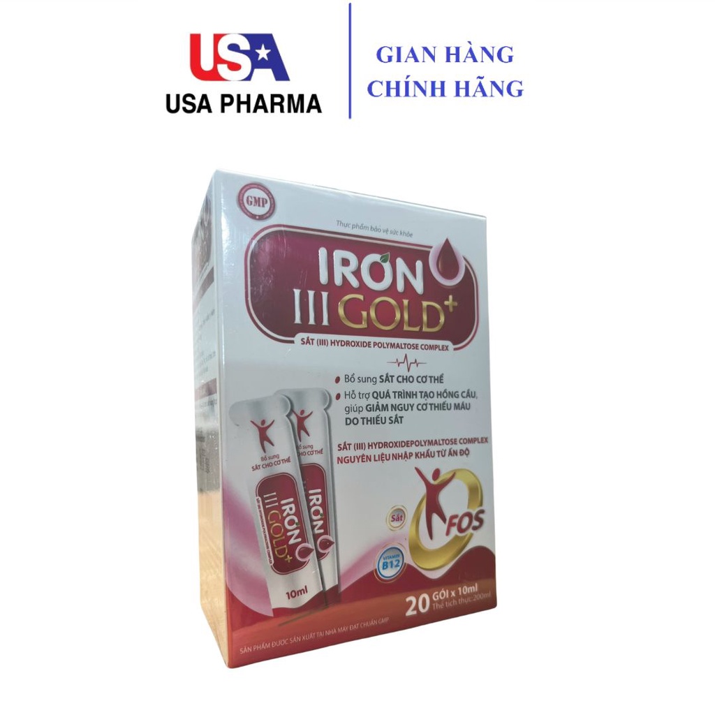 Sắt gói IRON III GOLD+, giúp bổ sung sắt, giảm nguy cơ thiếu máu do sắt - Hộp 20 gói x 10ml