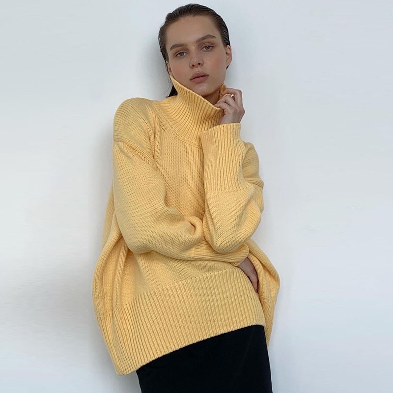 DUNEA Áo len cổ lọ tay dài màu sắc đơn giản dành cho nữ