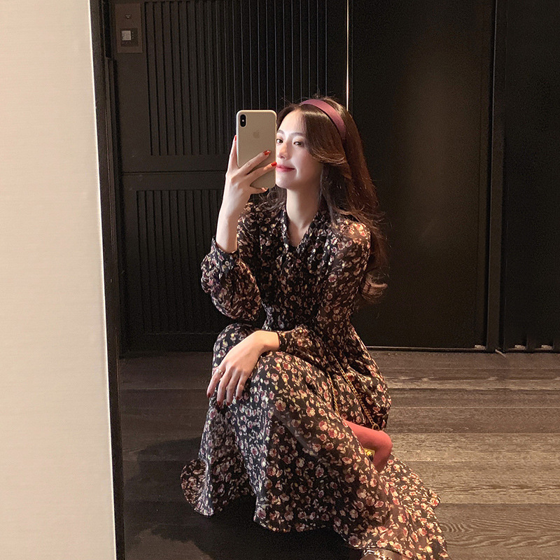 Đầm voan hoa dài tay thời trang dành cho nữ