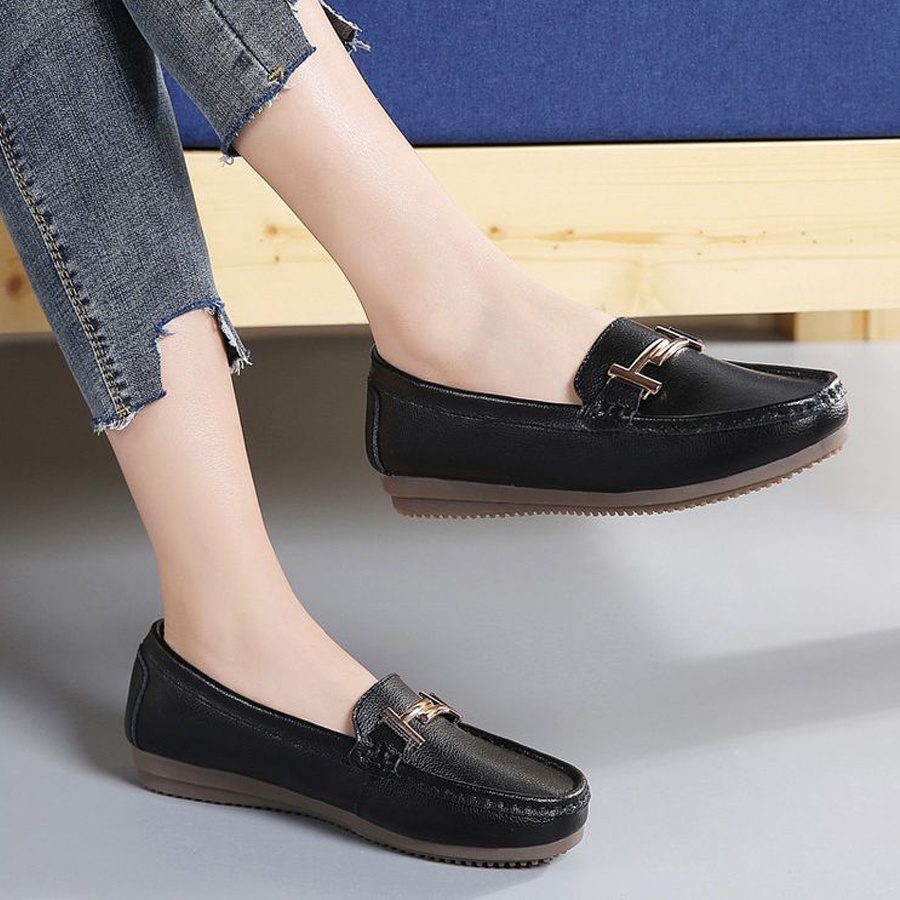 Giày lười nữ chất liệu da vải slip on kiểu mọi đế cao màu trắng độn đế bảo hành 1 năm GD11 TIMAN