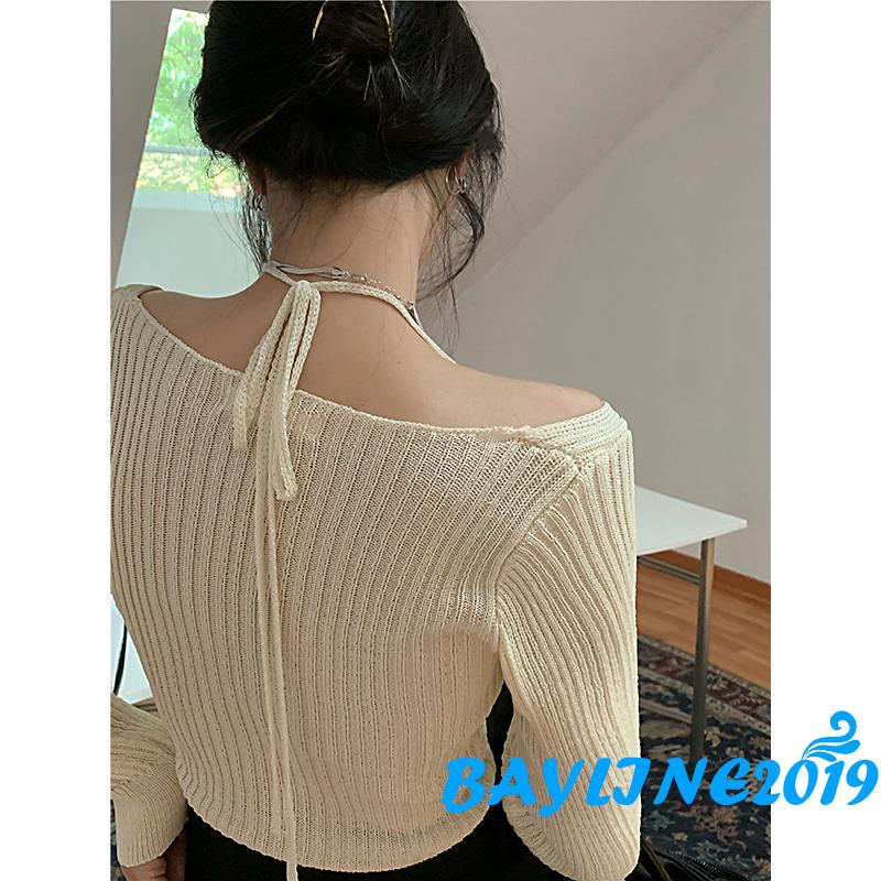 Áo dệt kim tay dài cổ chữ V màu trơn thời trang cho nữ