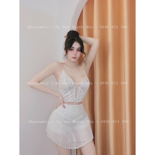 _  Set áo ren cúp đan dây + chân váy xếp ly - Hàng chuẩn hình
