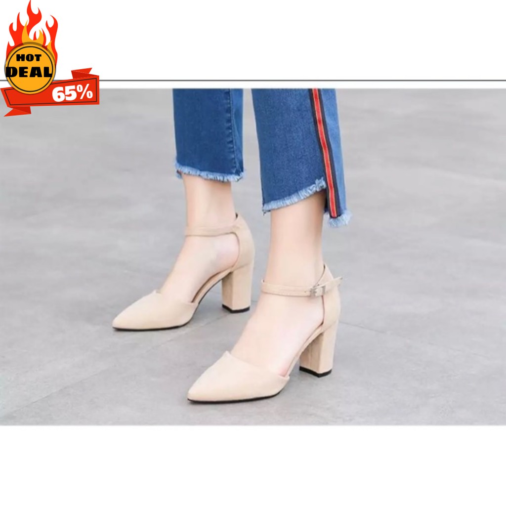 Giày SANDAL cao gót bít mũi 7 phân da nhung lộn HÀNG CÓ SẴN