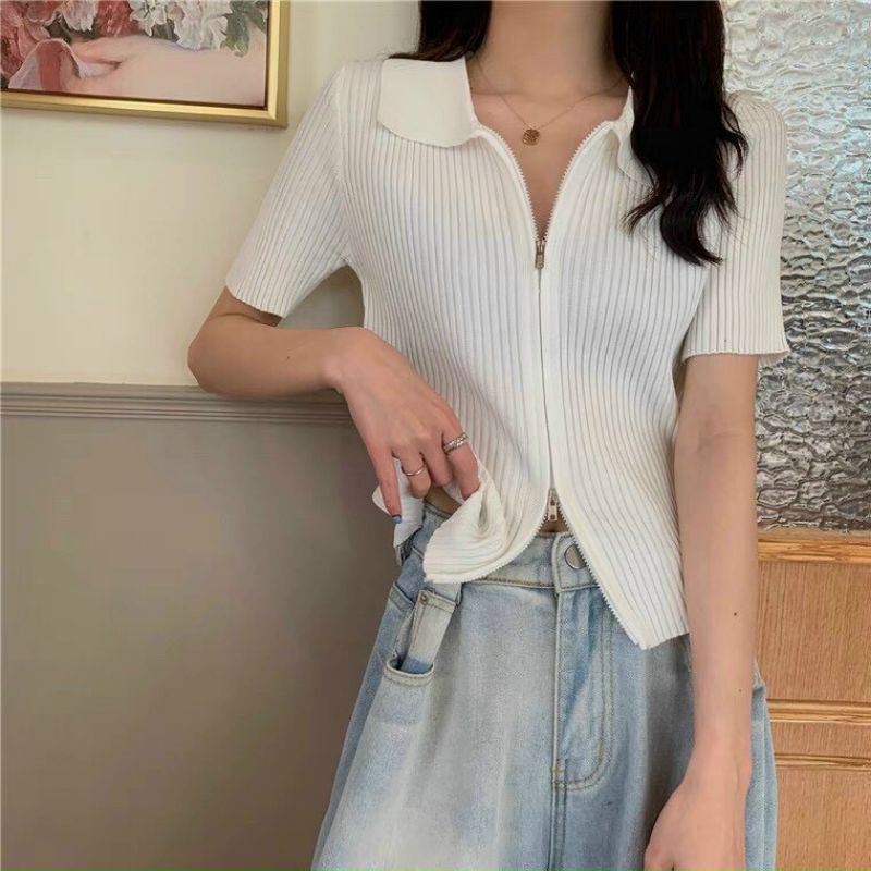 Áo len khóa giữa cổ bẻ hàng QC