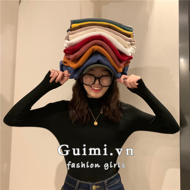 12 Màu Có Sẵn | Áo sweater Tay Dài Cổ Cao Màu Sắc Đơn Giản Cho Nữ