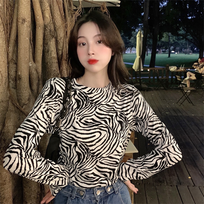 Áo thun ZHELIHANGFEI thiết kế dài tay cổ tròn in họa tiết ngựa vằn cá tính