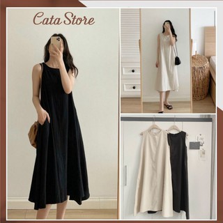 Váy suông dáng dài vintage chất thô cata, đầm sát nách style hàn quốc hai màu đen be