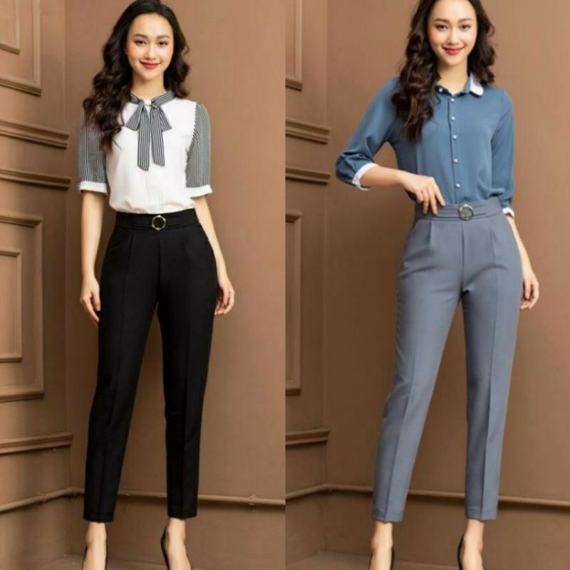 Quần tây nữ công sở lưng cao thiết kế khóa sườn - Chất vải tuyết mưa mềm mịn - Phối đai cực xinh