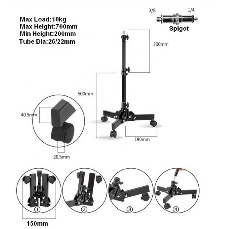 Chân Đèn Inox Qihe J168D baby tải 10kg (Chân gầm)