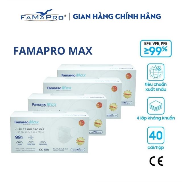 [MAXTRẮNG- COMBO 4- HỘP 40 CÁI] Khẩu trang y tế cao cấp kháng khuẩn 4 lớp Famapro max