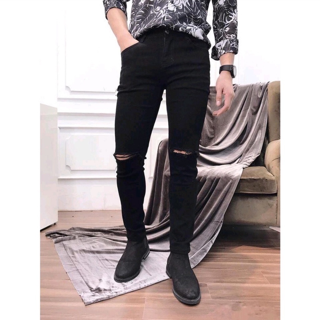 Quần jean nam rách gối màu đen TDSHOP skinny jean nam trơn chất bò co giãn 4 chiều ôm dáng cực đẹp