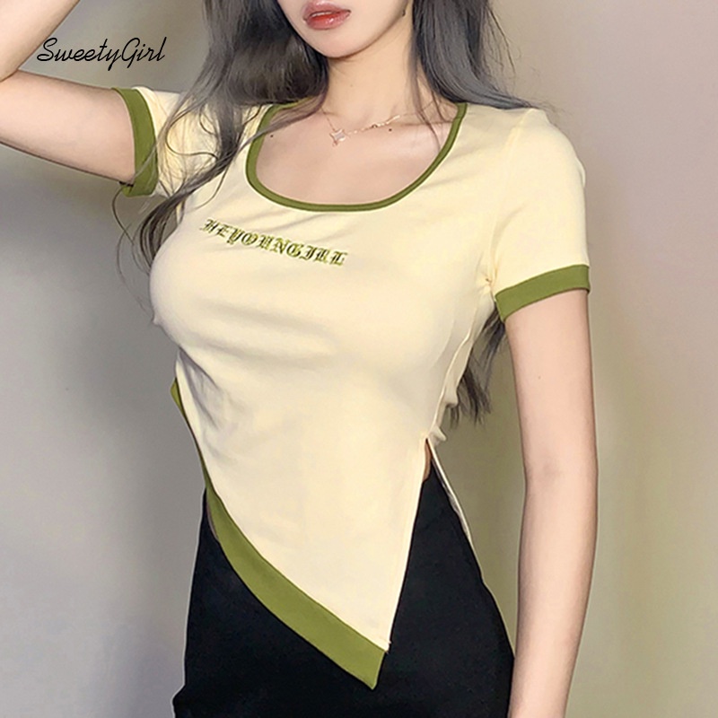 Áo Thun Tay Ngắn Cổ Vuông Thêu Họa Tiết Màu Sắc Tương Phản Quyến Rũ Thời Trang Cho Nữ 2022