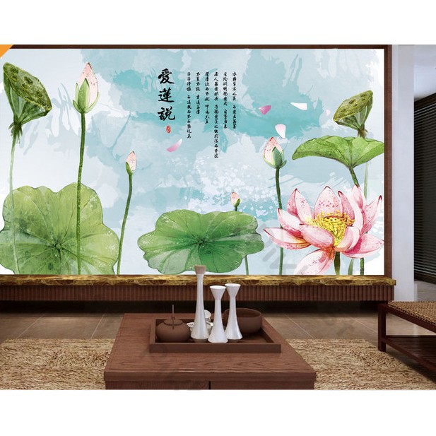 Cánh đồng hoa sen tranh thư pháp,Tranh 3d dán tường hiện đại trang trí phòng khách phòng ngủ(tích hợp sẵn keo) MS1124845