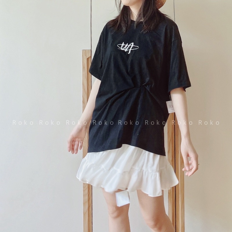 ROKO_ÁO PHÔNG IN W-CHÂN VÁY TRẮNG 2 TẦNG
