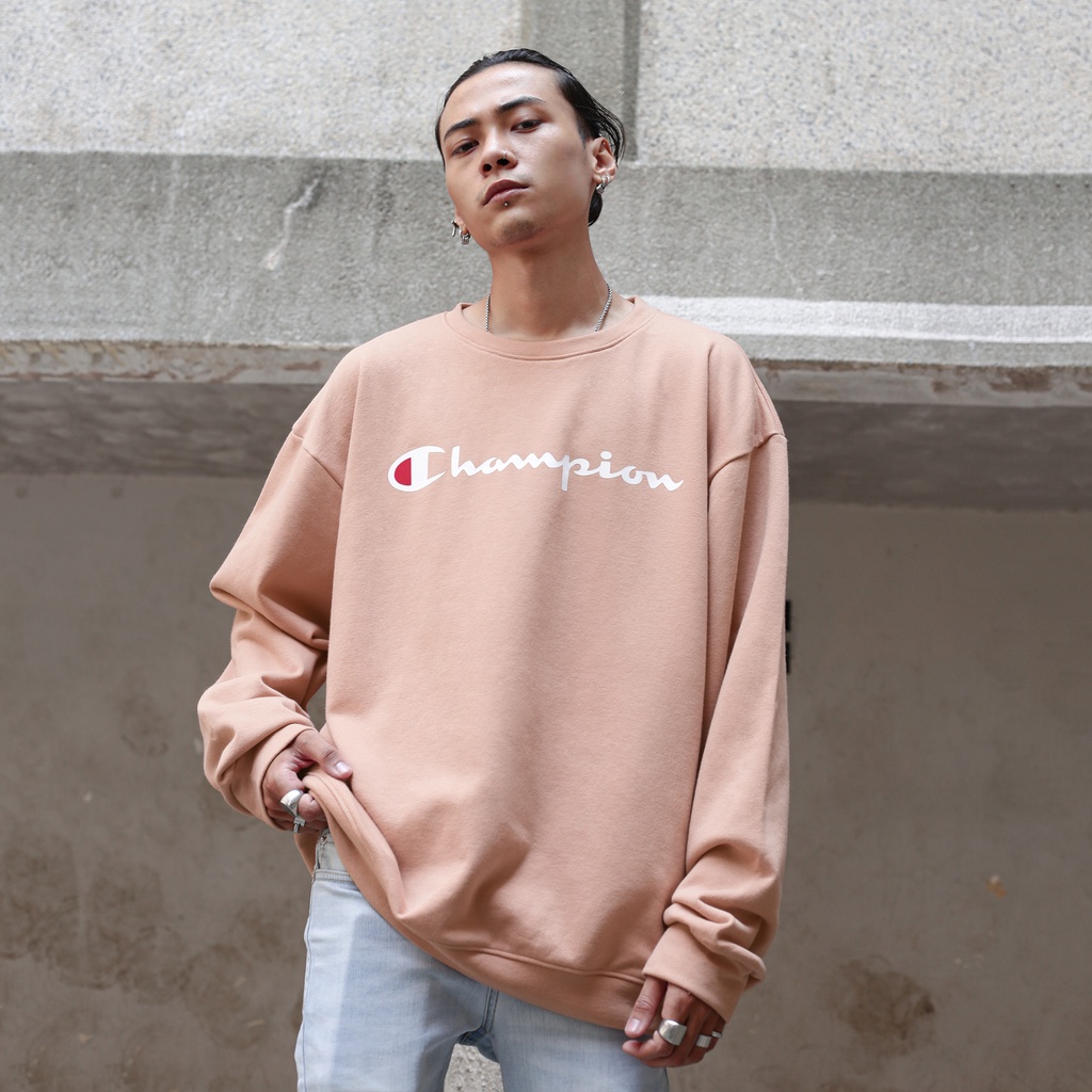 Áo Tay Dài Sweater Champion In Chữ Sắc Nét Chất Liệu NỈ Da Cá Cotton Màu Hồng From Rộng Thoải Mái Unisex Nam-Nữ