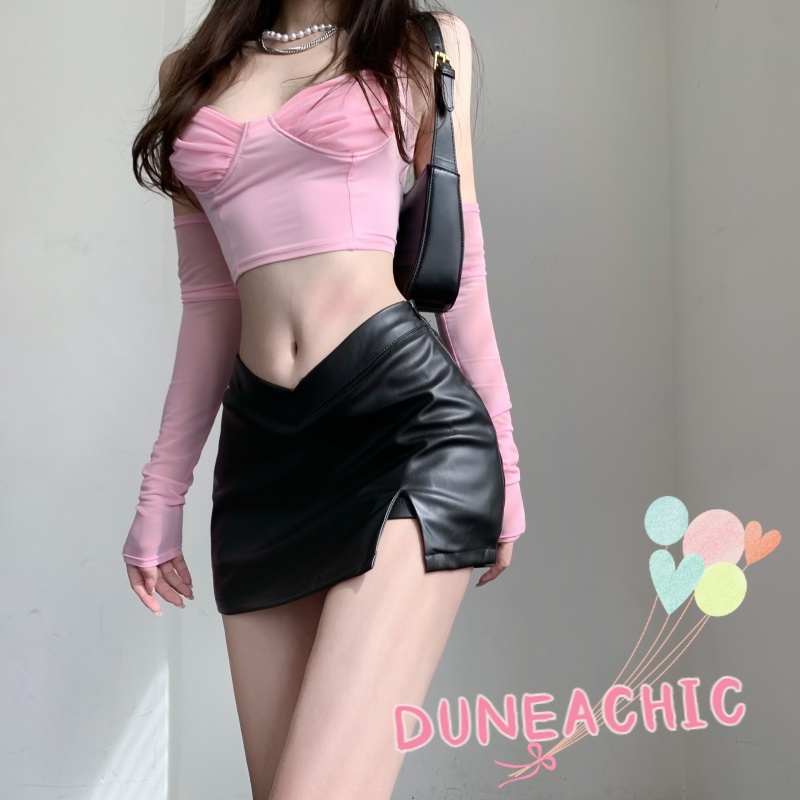 Chân váy DUNEA da PU lưng cao thiết kế xẻ tà phong cách cổ điển thời trang dành cho nữ
