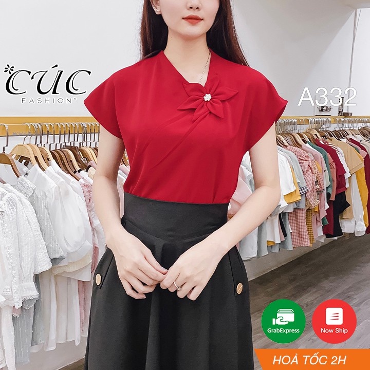 Áo sơ mi nữ CÚC FASHION somi tay ngắn cao cấp vải lụa đẹp kiểu công sở trắng nhiều màu cổ nơ tay bồng 6 cúc ngọc A1154