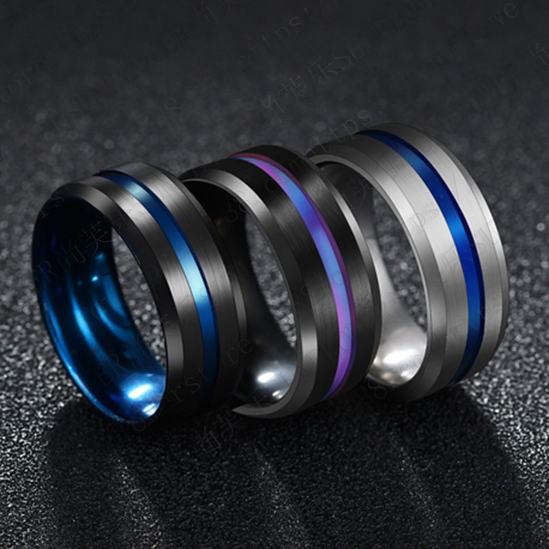 Nhẫn Nam 8Mm Màu Xanh Dương/ Đen Mặt Đường Kẻ Dọc