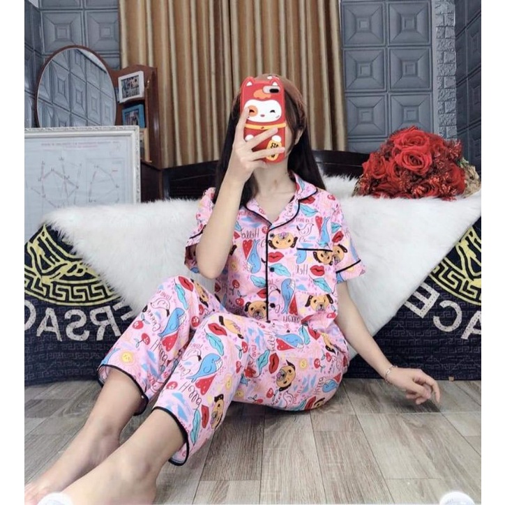 Bộ Pyjama kate thái loại 1 tay cộc quần dài