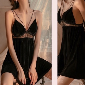 Váy Ngủ Nhung Hai Dây Cổ Chữ V Sexy Gợi Cảm MS566 [CWEAR.SEXY_ĐỒ NGỦ &amp; NỘI Y CAO CẤP]