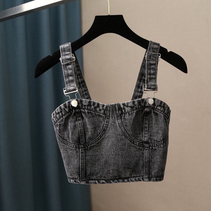 Áo denim hai dây dáng ôm thời trang xuân hè phong cách Hàn Quốc 2021