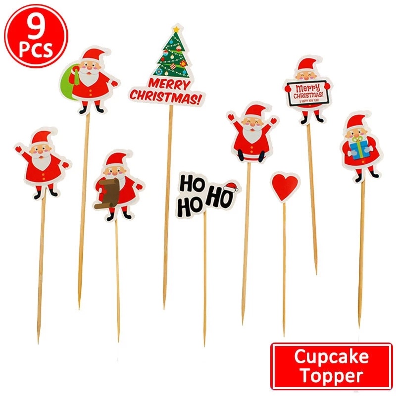 [Hàng Mới] Set 9 Phụ Kiện Trang Trí Giáng Sinh / Bánh Kem Hình Ông Già Noel