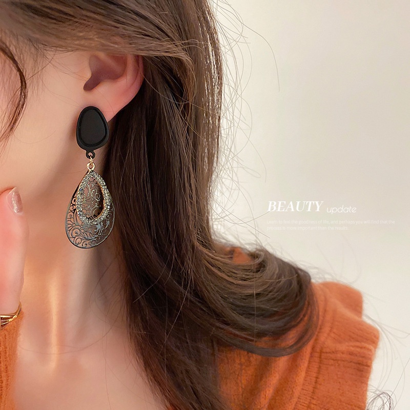 Bông Tai Mạ Bạc 925 Hình Giọt Nước Màu Đen Phong Cách Retro Hàn Quốc