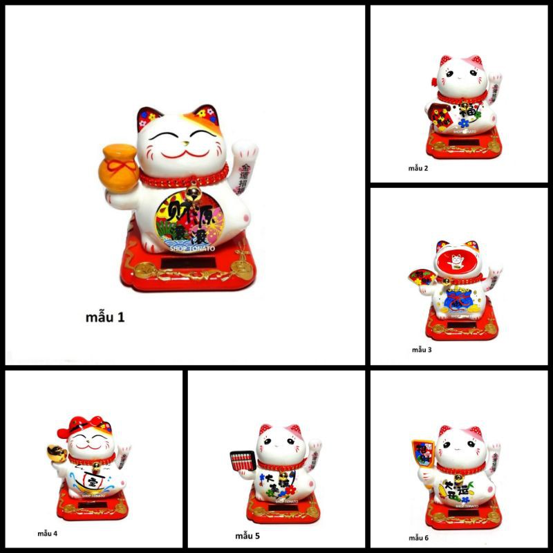 (MUA NHIỀU GIẢM GIÁ)MÈO THẦN TÀI, MÈO MAY MẮN MANEKI NEKO HF19014 NĂNG LƯỢNG MẶT TRỜI VẪY TAY CAO 10CM