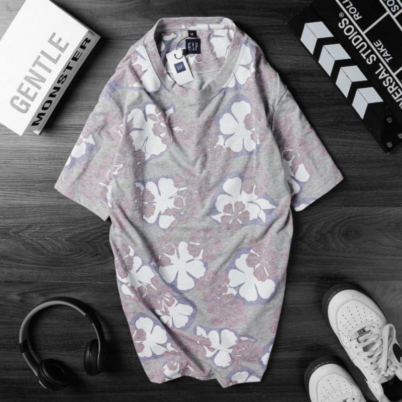 Áo thun nam ngắn tay không cổ vải thuncotton in hoa