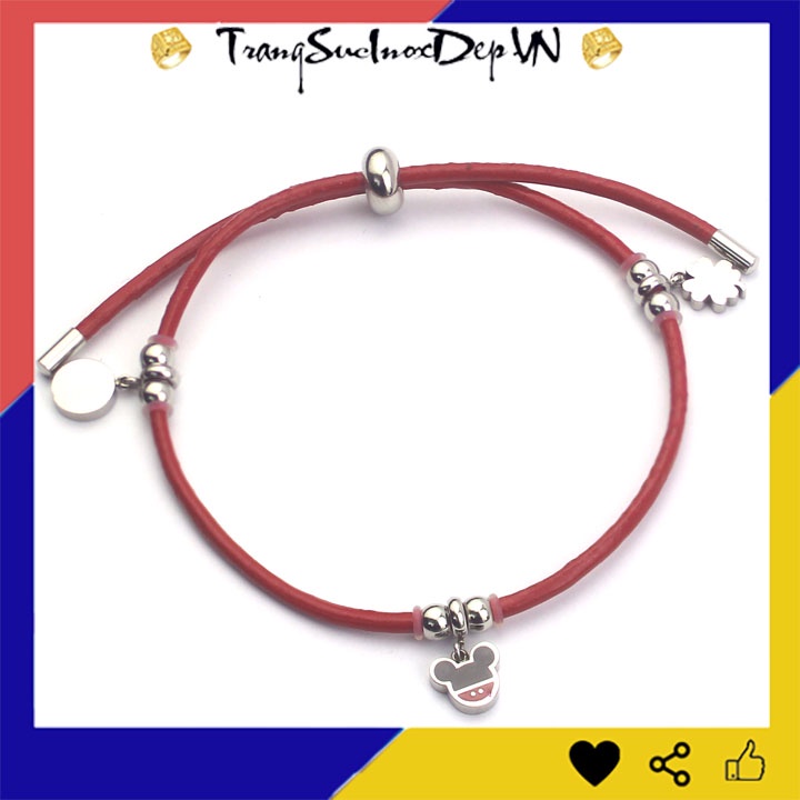 Vòng tay nữ dây da kiểu rút màu đỏ phối phụ kiện inox màu trắng không đen vô cùng xinh xắn, đáng yêu - Nhiều mẫu dễ chọn