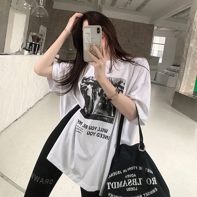 Áo thun SUXI tay ngắn dáng rộng in họa tiết phong cách retro thời trang mùa hè năng động cho nữ